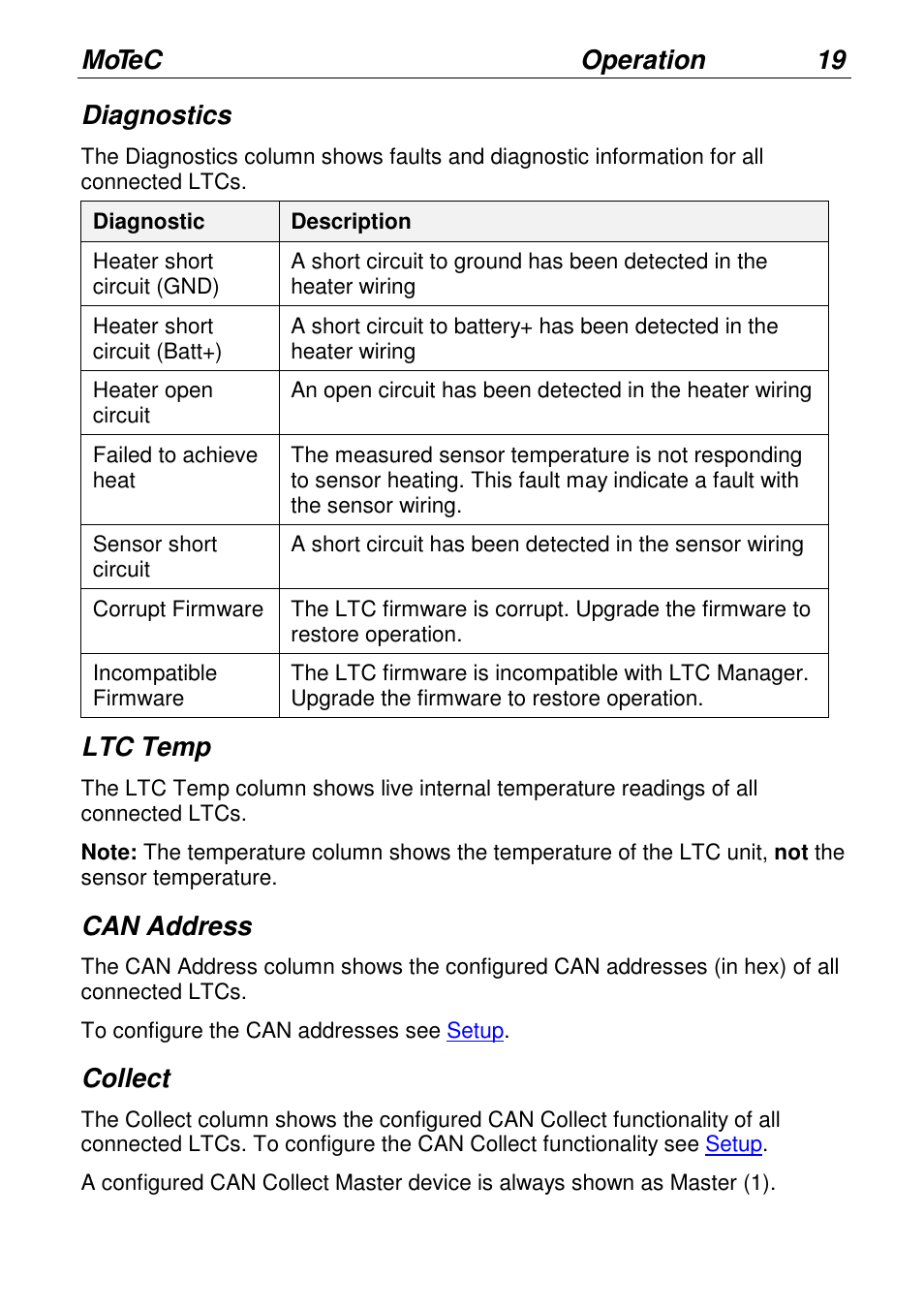 Motec operation 19, Diagnostics, Ltc temp | Can address, Collect | MoTeC LTCN User Manual | Page 19 / 39