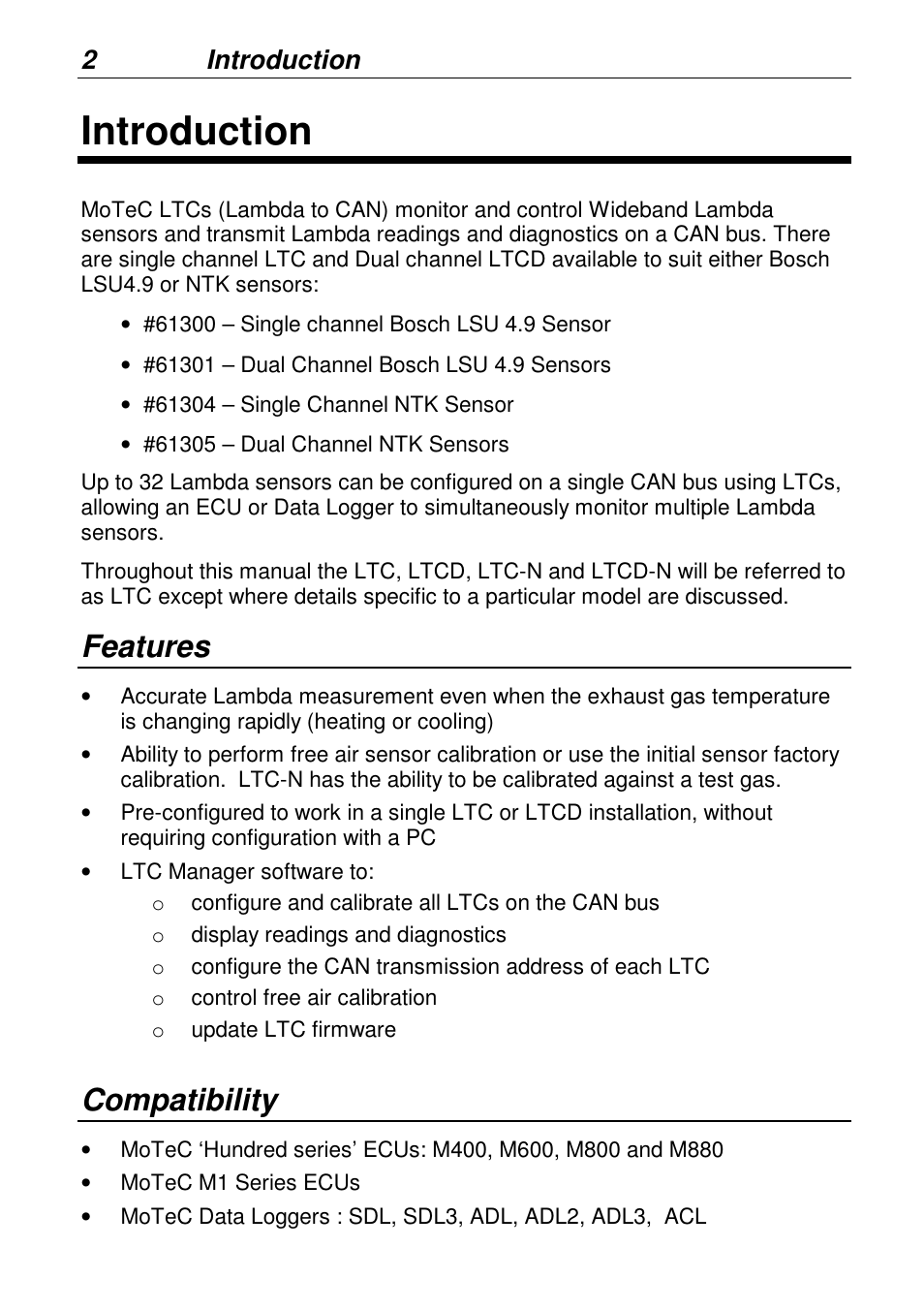 Introduction, Features, Compatibility | 2introduction | MoTeC LTCN User Manual | Page 2 / 39
