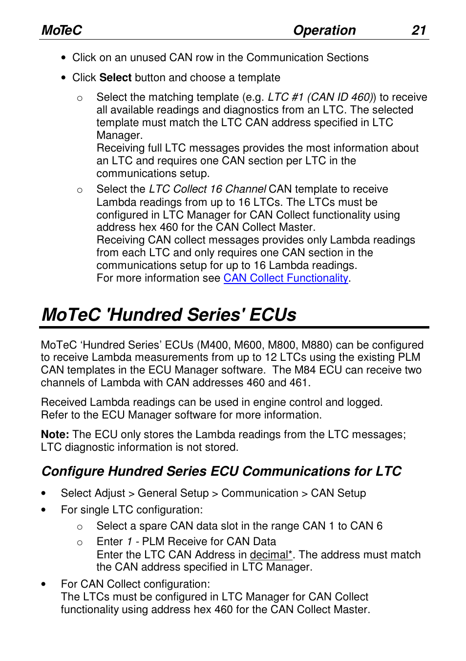 Motec 'hundred series' ecus, Motec operation 21 | MoTeC LTCN User Manual | Page 21 / 39