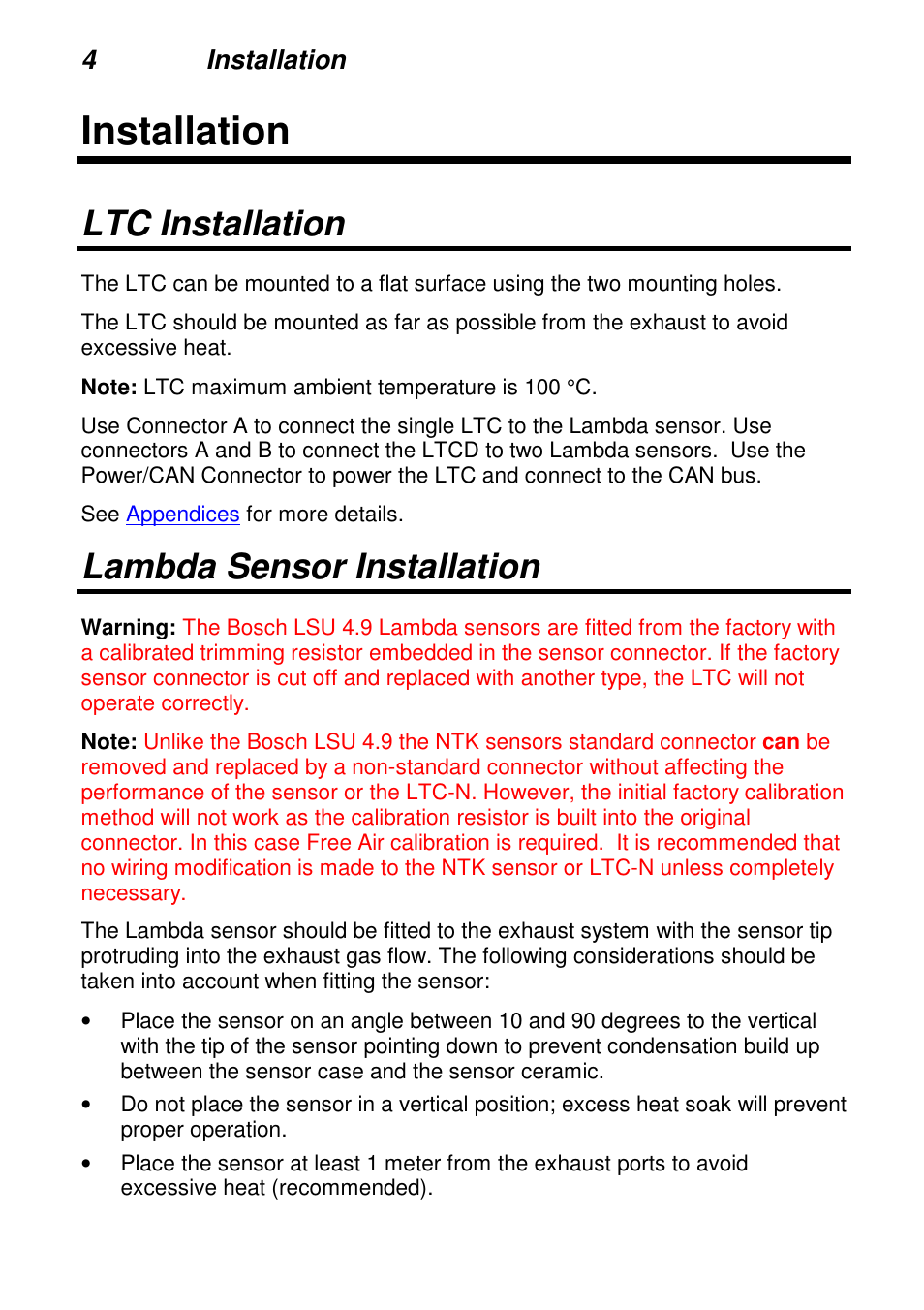 Installation, Ltc installation, Lambda sensor installation | MoTeC LTCN User Manual | Page 4 / 39