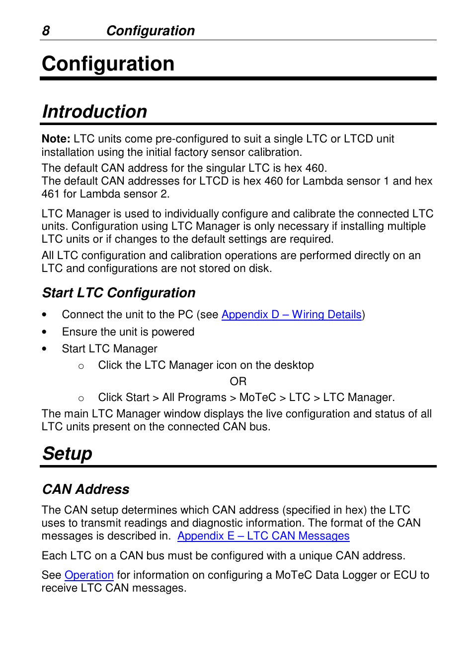 Configuration, Introduction, Setup | MoTeC LTCN User Manual | Page 8 / 39