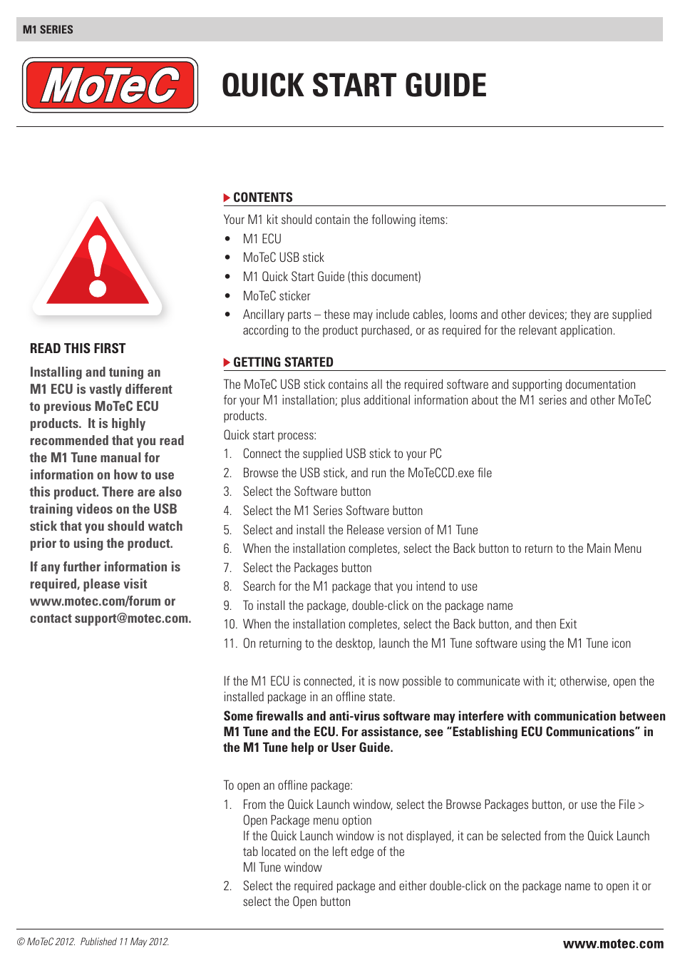 MoTeC M1 Series Quick Start Guide User Manual | 1 page