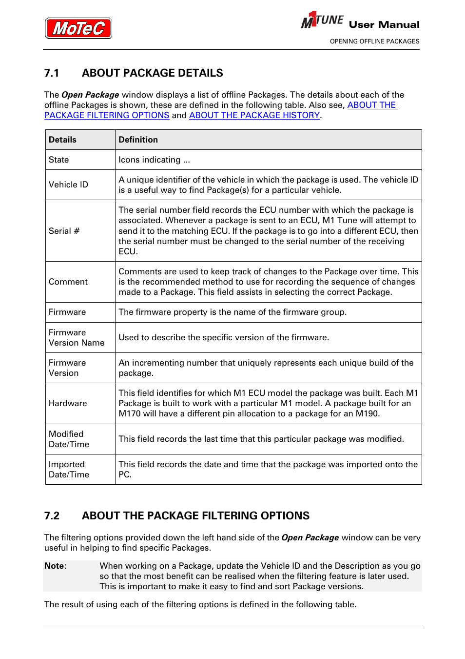 1 about package details, 2 about the package filtering options | MoTeC M1 Tune User Manual User Manual | Page 19 / 77