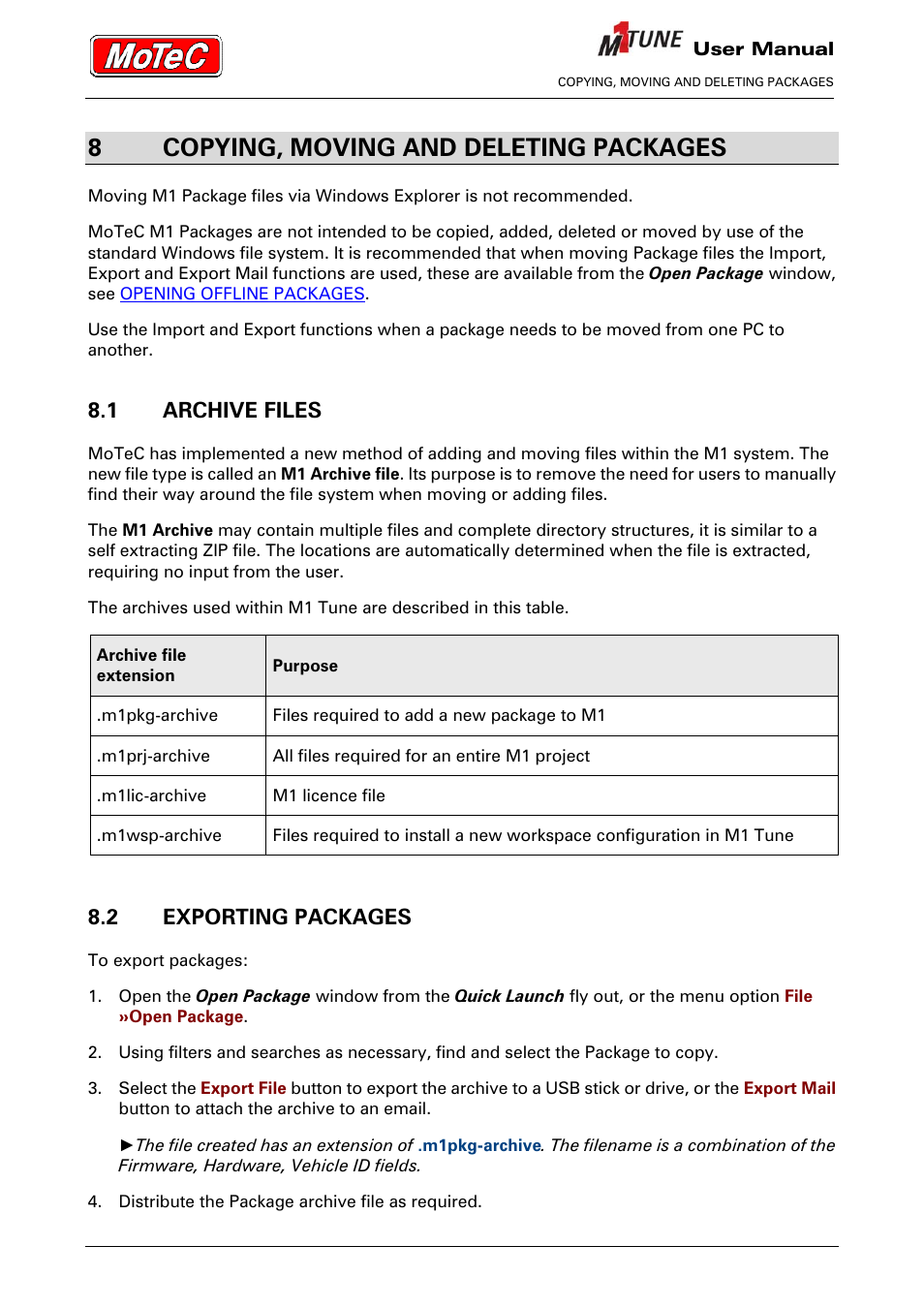 8copying, moving and deleting packages, 1 archive files, 2 exporting packages | MoTeC M1 Tune User Manual User Manual | Page 22 / 77