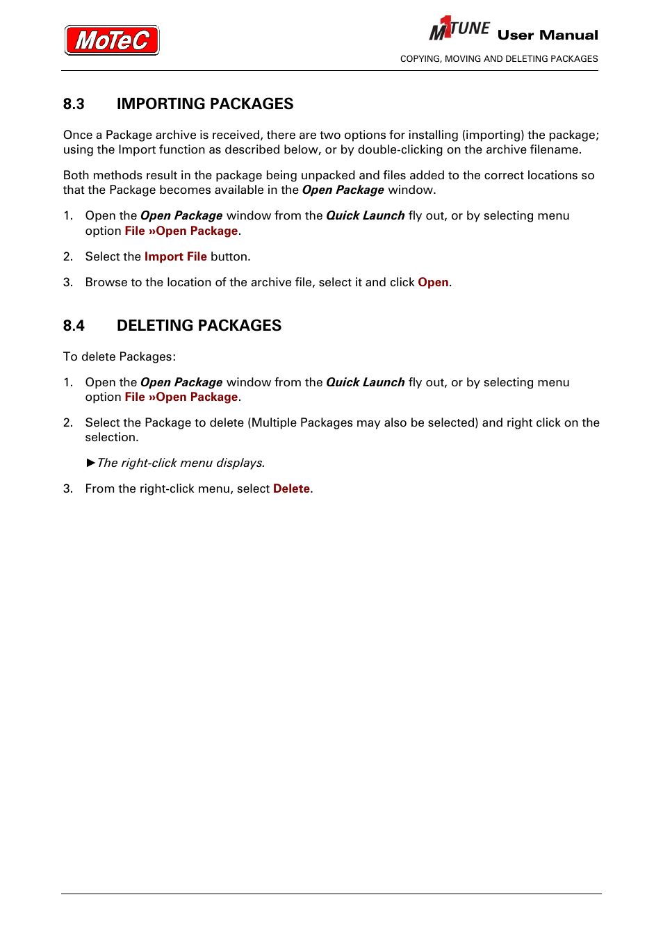 3 importing packages, 4 deleting packages | MoTeC M1 Tune User Manual User Manual | Page 23 / 77