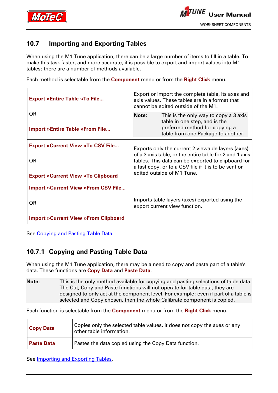 7 importing and exporting tables, 1 copying and pasting table data | MoTeC M1 Tune User Manual User Manual | Page 38 / 77