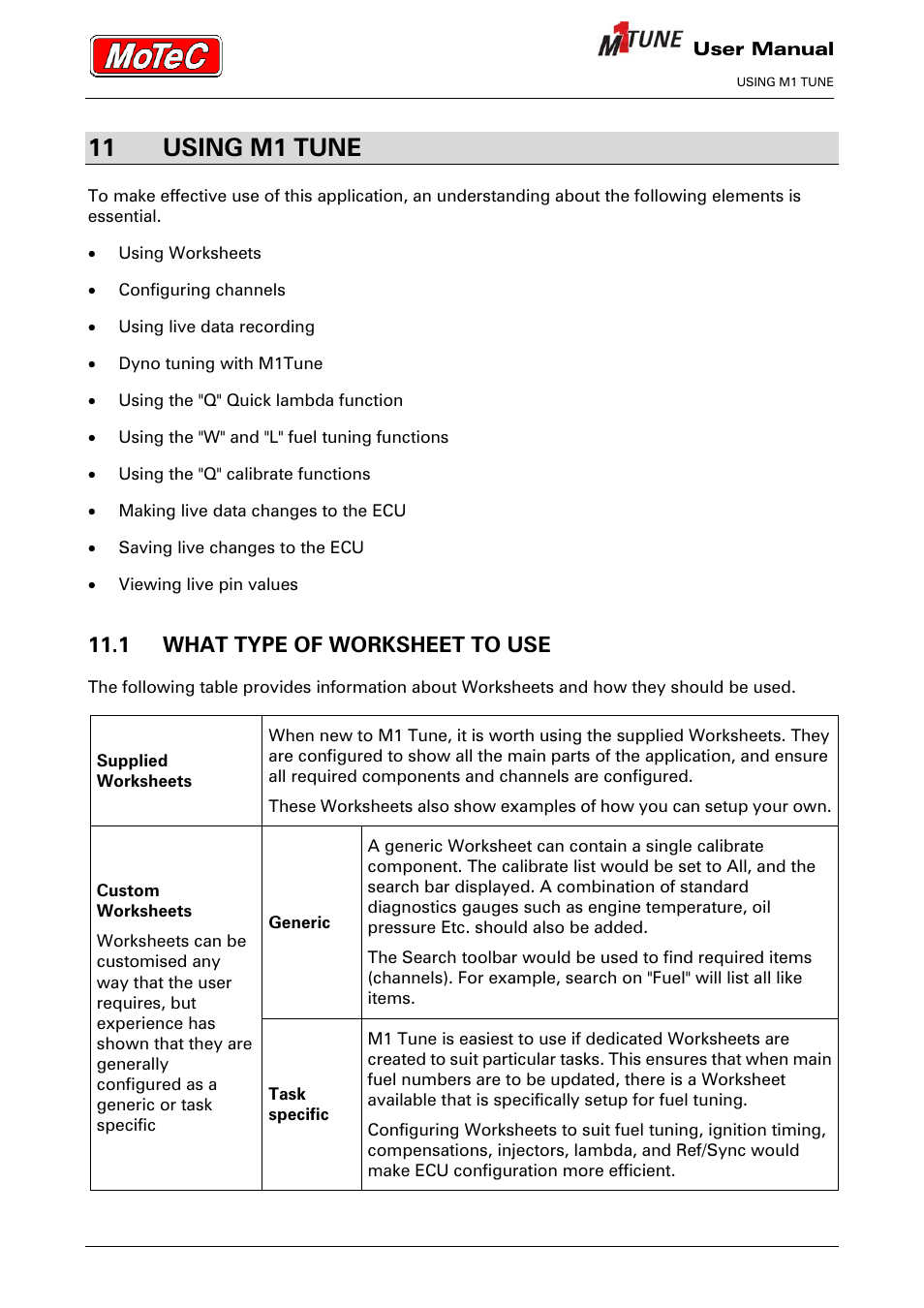 11 using m1 tune, 1 what type of worksheet to use | MoTeC M1 Tune User Manual User Manual | Page 45 / 77