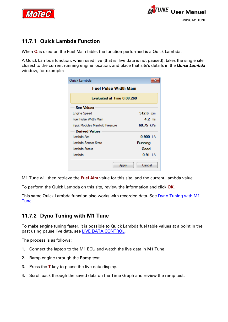 1 quick lambda function, 2 dyno tuning with m1 tune | MoTeC M1 Tune User Manual User Manual | Page 53 / 77