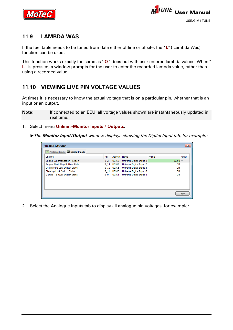 9 lambda was, 10 viewing live pin voltage values | MoTeC M1 Tune User Manual User Manual | Page 55 / 77