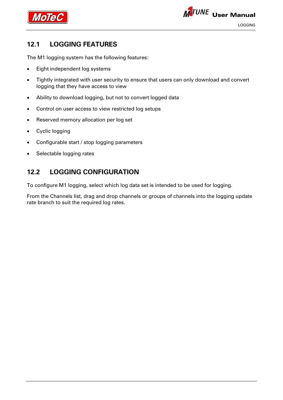 1 logging features, 2 logging configuration | MoTeC M1 Tune User Manual User Manual | Page 64 / 77