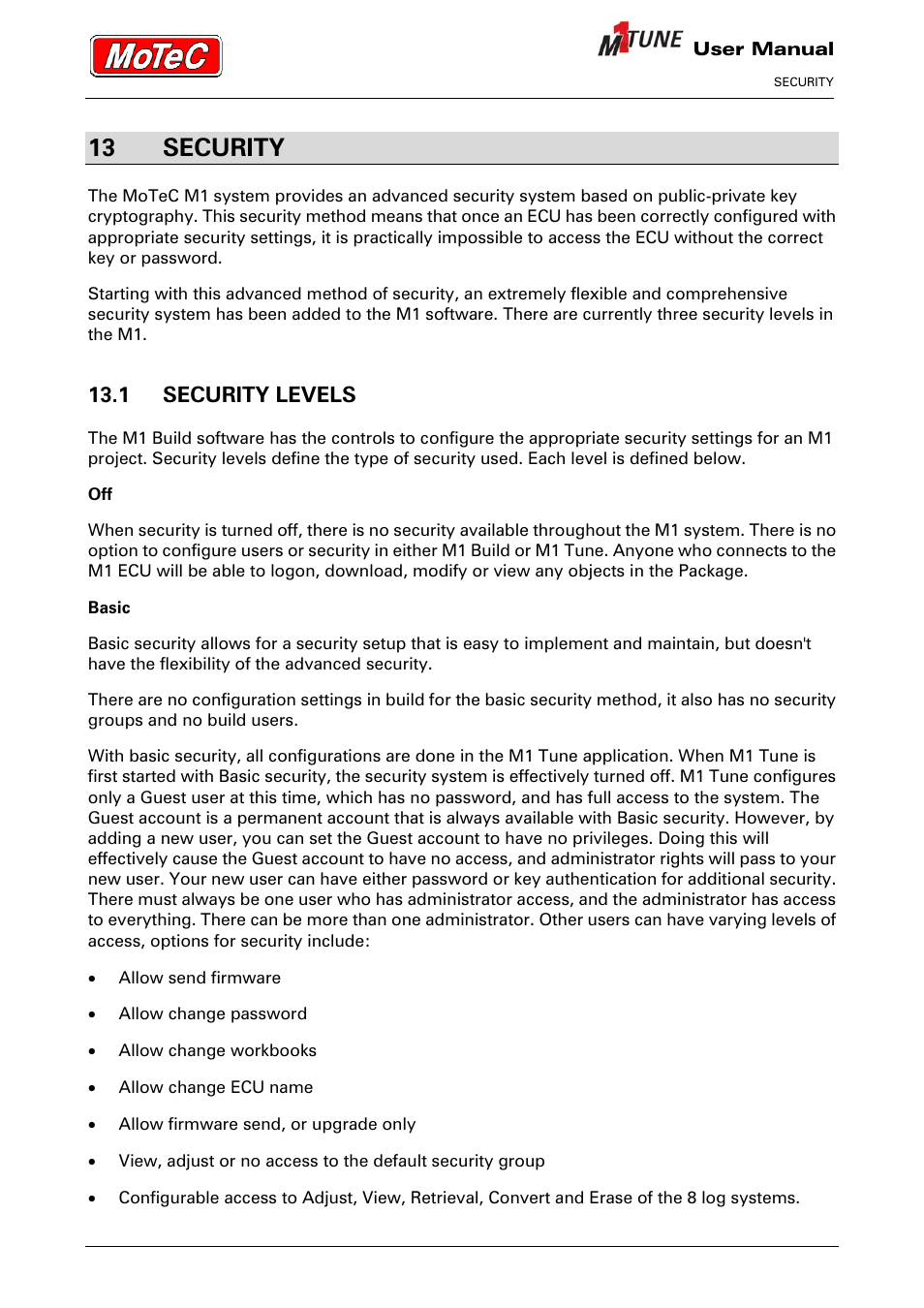 13 security, 1 security levels | MoTeC M1 Tune User Manual User Manual | Page 65 / 77