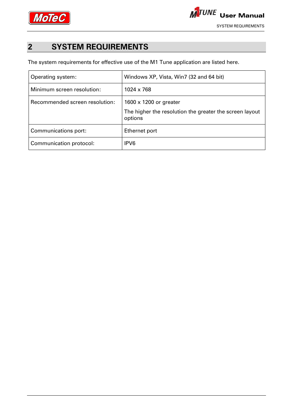 2system requirements | MoTeC M1 Tune User Manual User Manual | Page 8 / 77