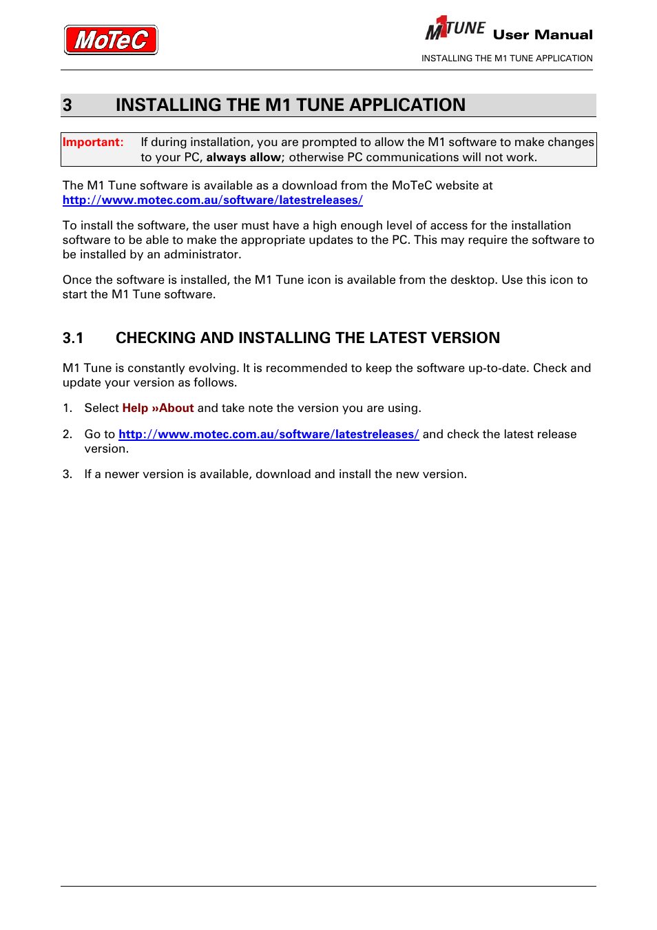 3installing the m1 tune application, 1 checking and installing the latest version | MoTeC M1 Tune User Manual User Manual | Page 9 / 77
