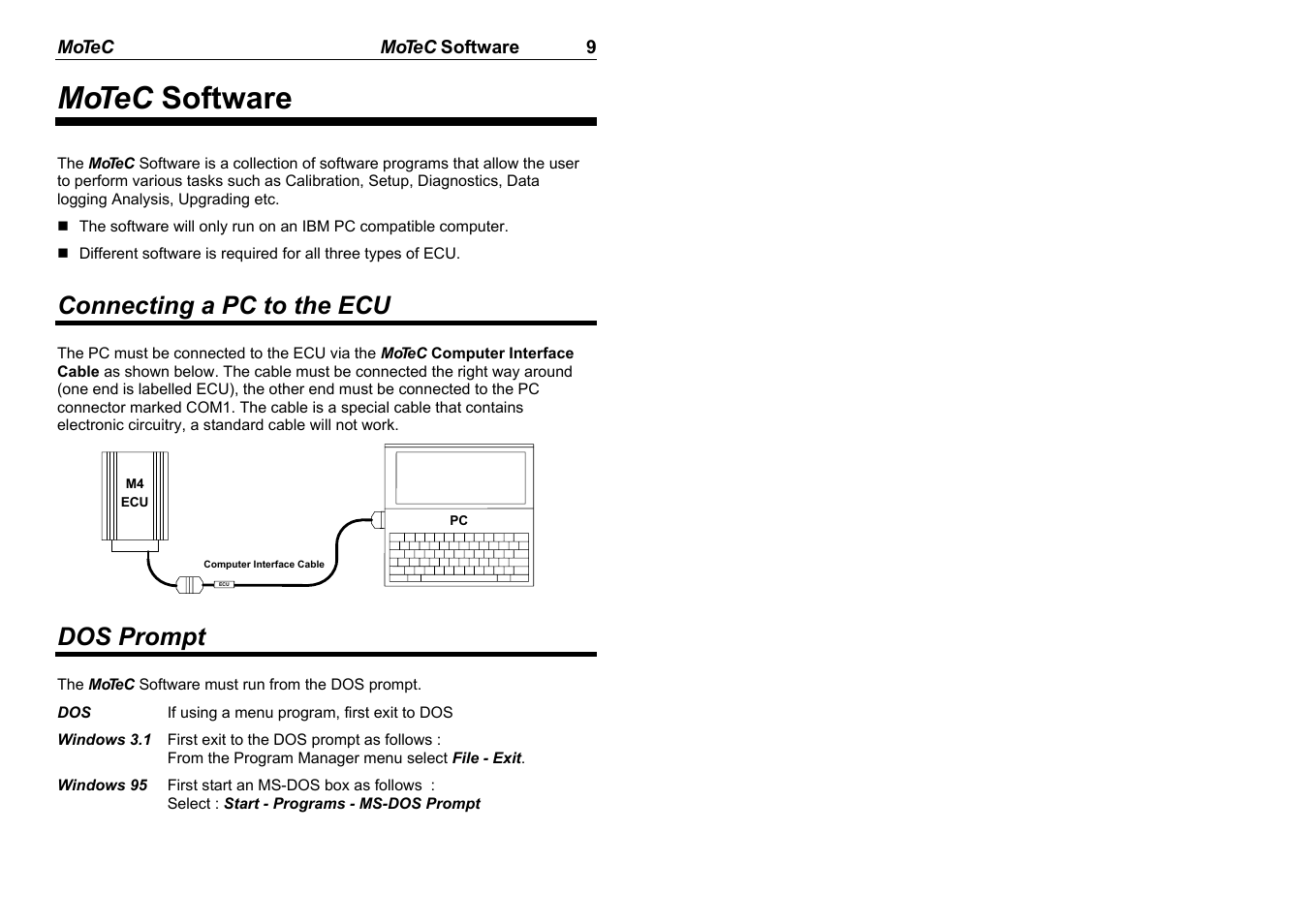 Motec software, Connecting a pc to the ecu, Dos prompt | MoTeC M8 User Manual | Page 11 / 63