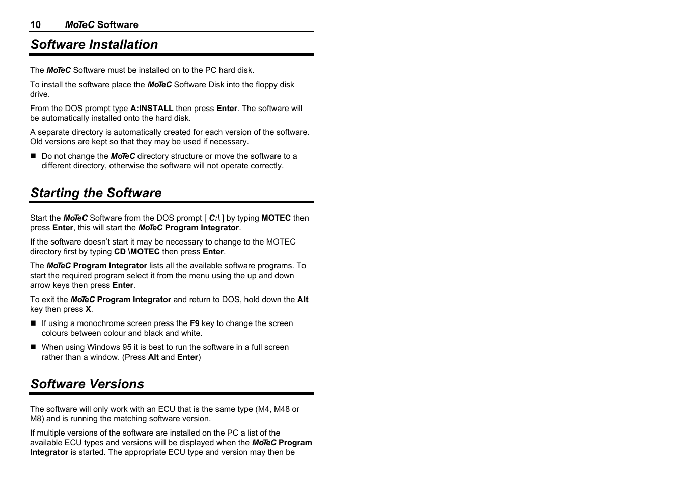 Software installation, Starting the software, Software versions | MoTeC M8 User Manual | Page 12 / 63