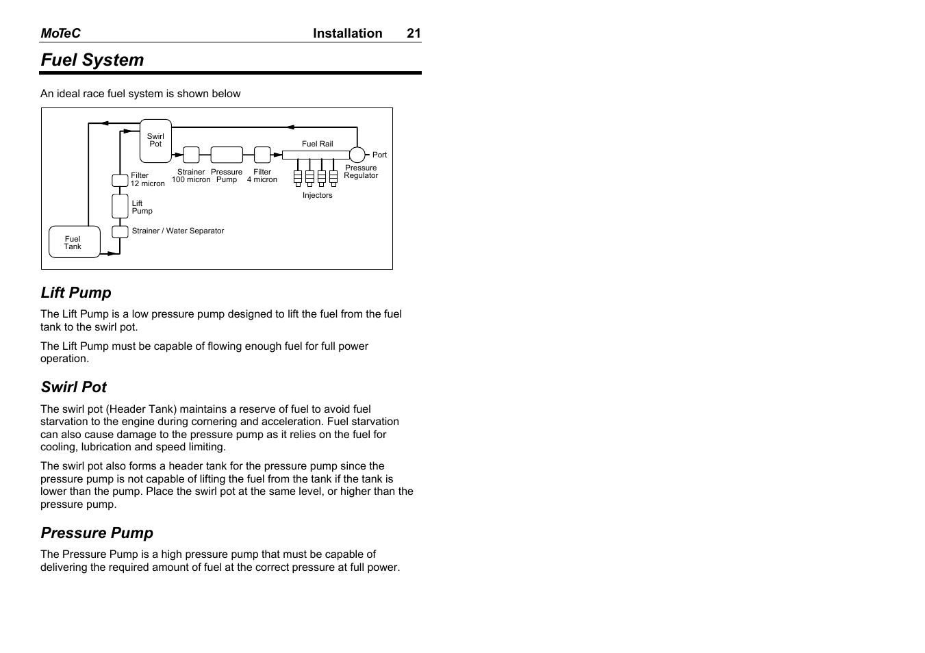 Fuel system, Lift pump, Swirl pot | Pressure pump | MoTeC M8 User Manual | Page 23 / 63