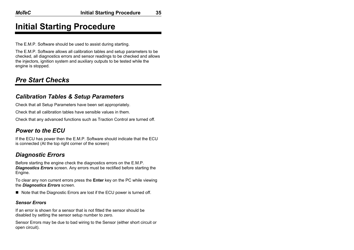 Initial starting procedure, Pre start checks | MoTeC M8 User Manual | Page 37 / 63