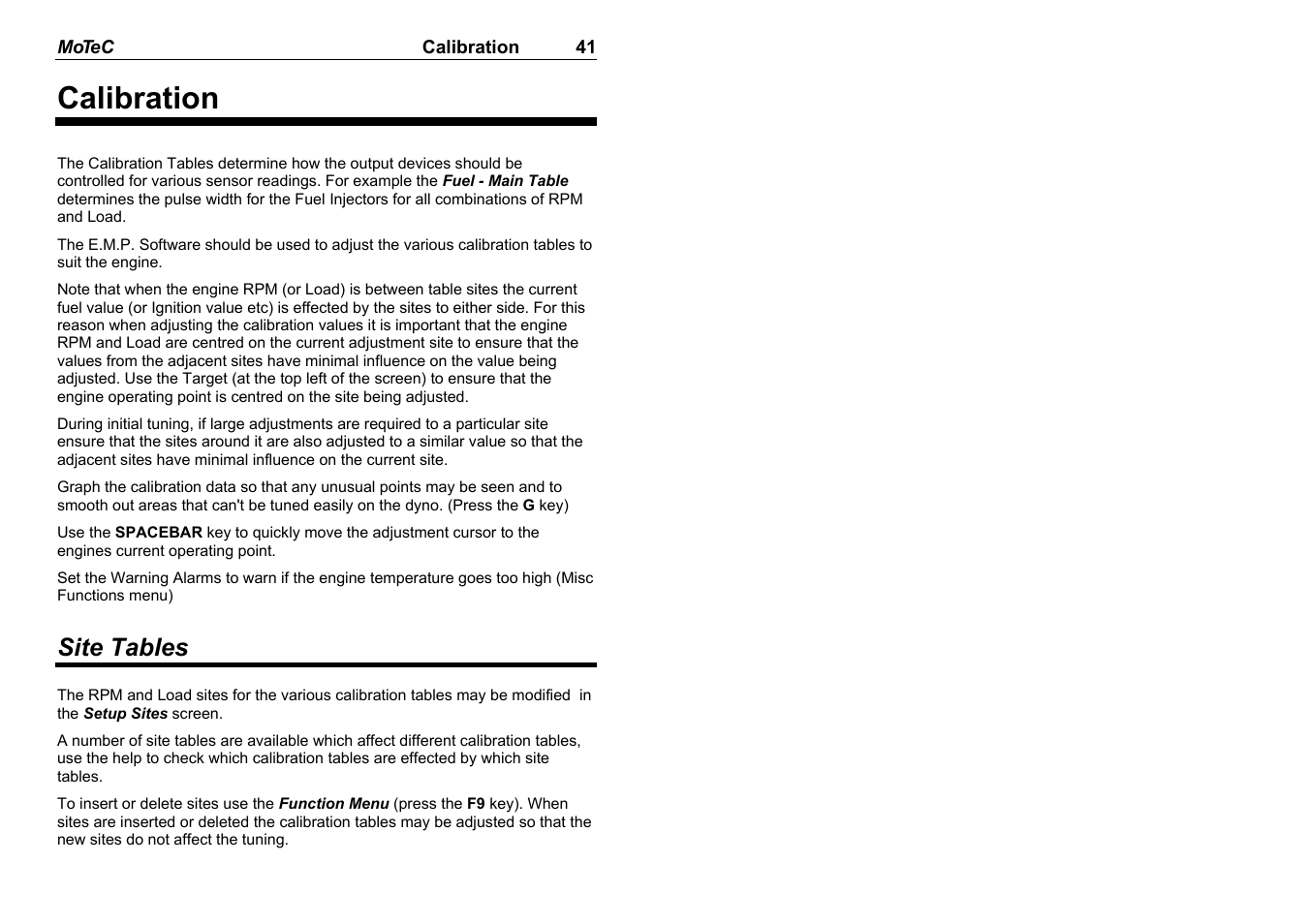 Calibration, Site tables | MoTeC M8 User Manual | Page 43 / 63