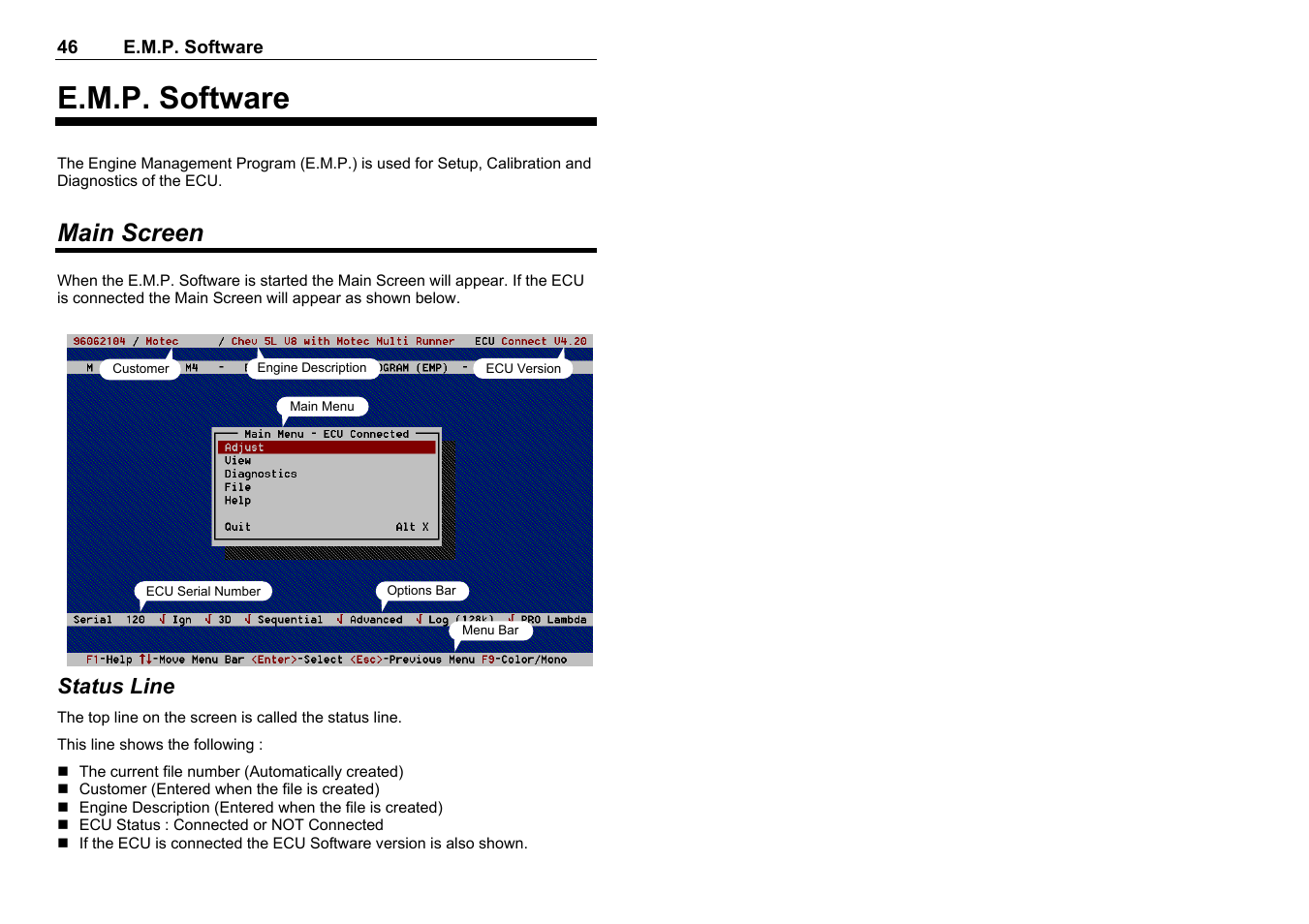 E.m.p. software, Main screen, Status line | MoTeC M8 User Manual | Page 48 / 63