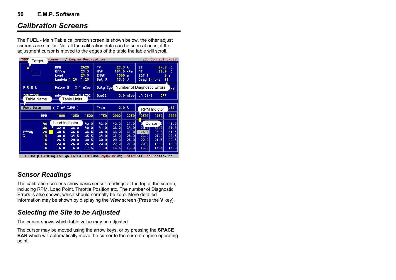 Calibration screens, Sensor readings, Selecting the site to be adjusted | MoTeC M8 User Manual | Page 52 / 63