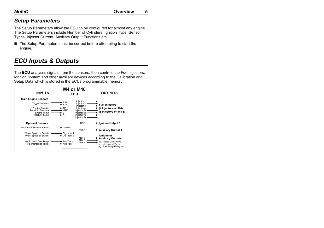 Ecu inputs & outputs, Setup parameters, Motec overview 5 | M4 or m48 | MoTeC M8 User Manual | Page 7 / 63