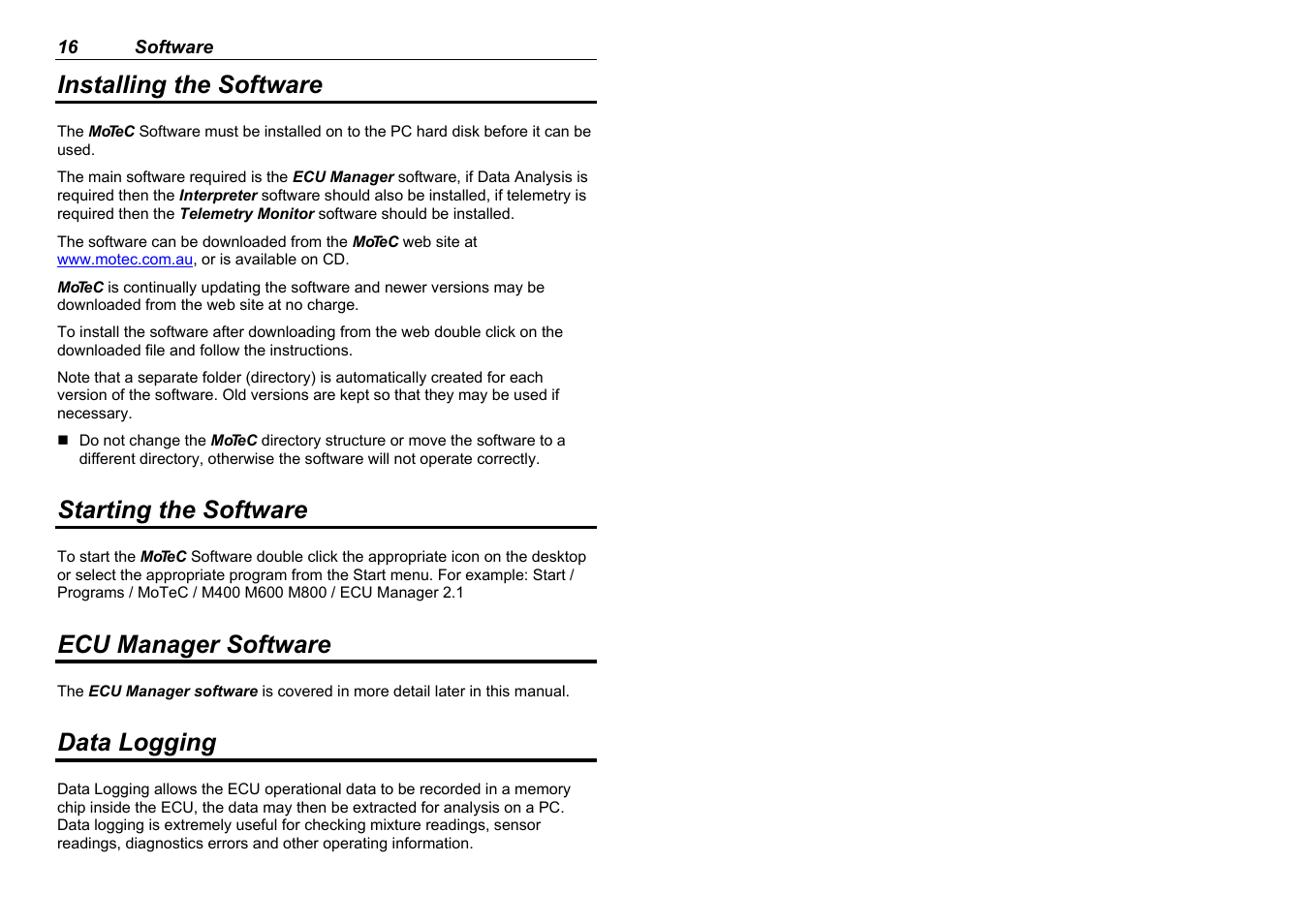 Installing the software, Starting the software, Ecu manager software | Data logging | MoTeC M880 User Manual | Page 18 / 101