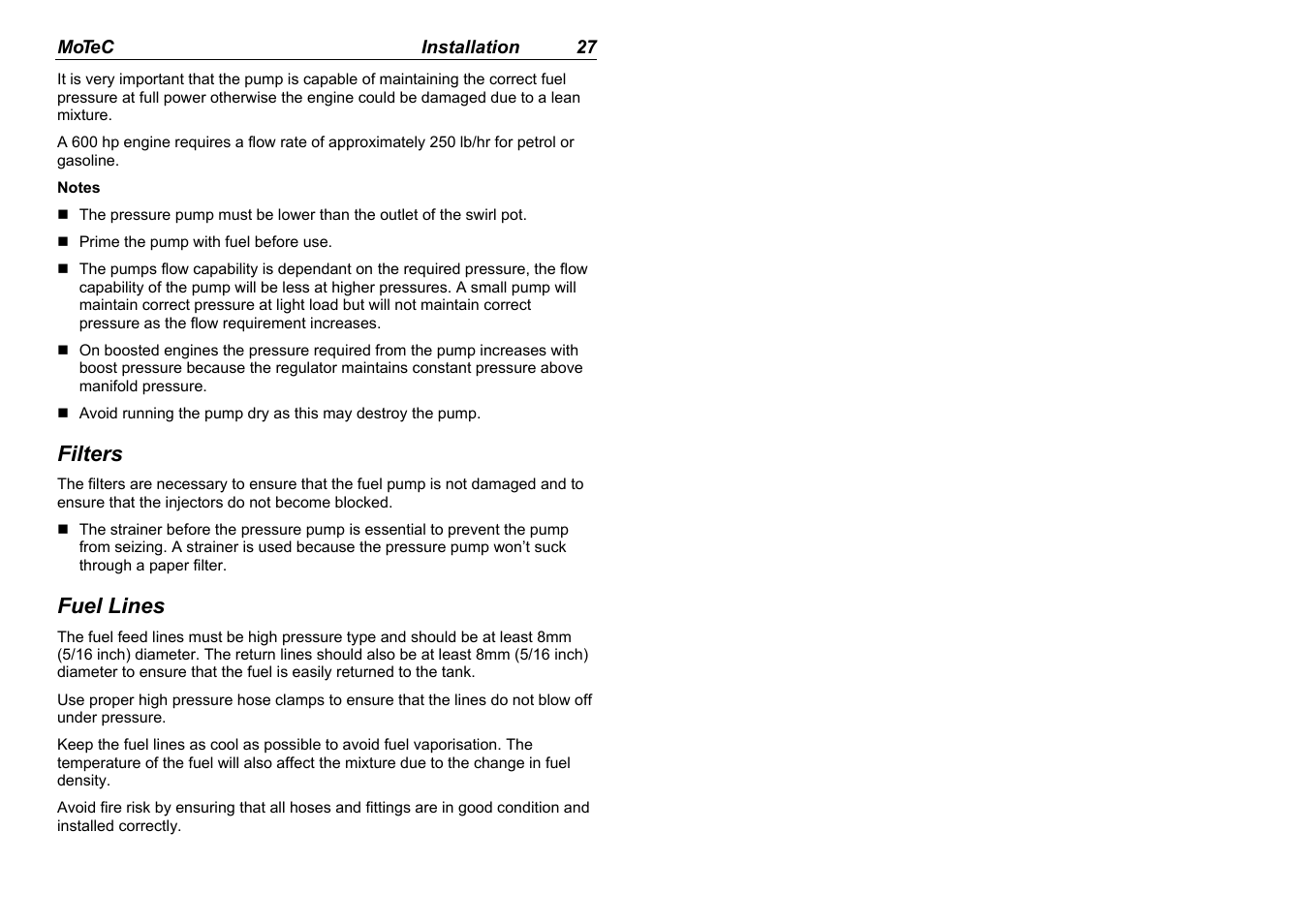 Filters, Fuel lines | MoTeC M880 User Manual | Page 29 / 101