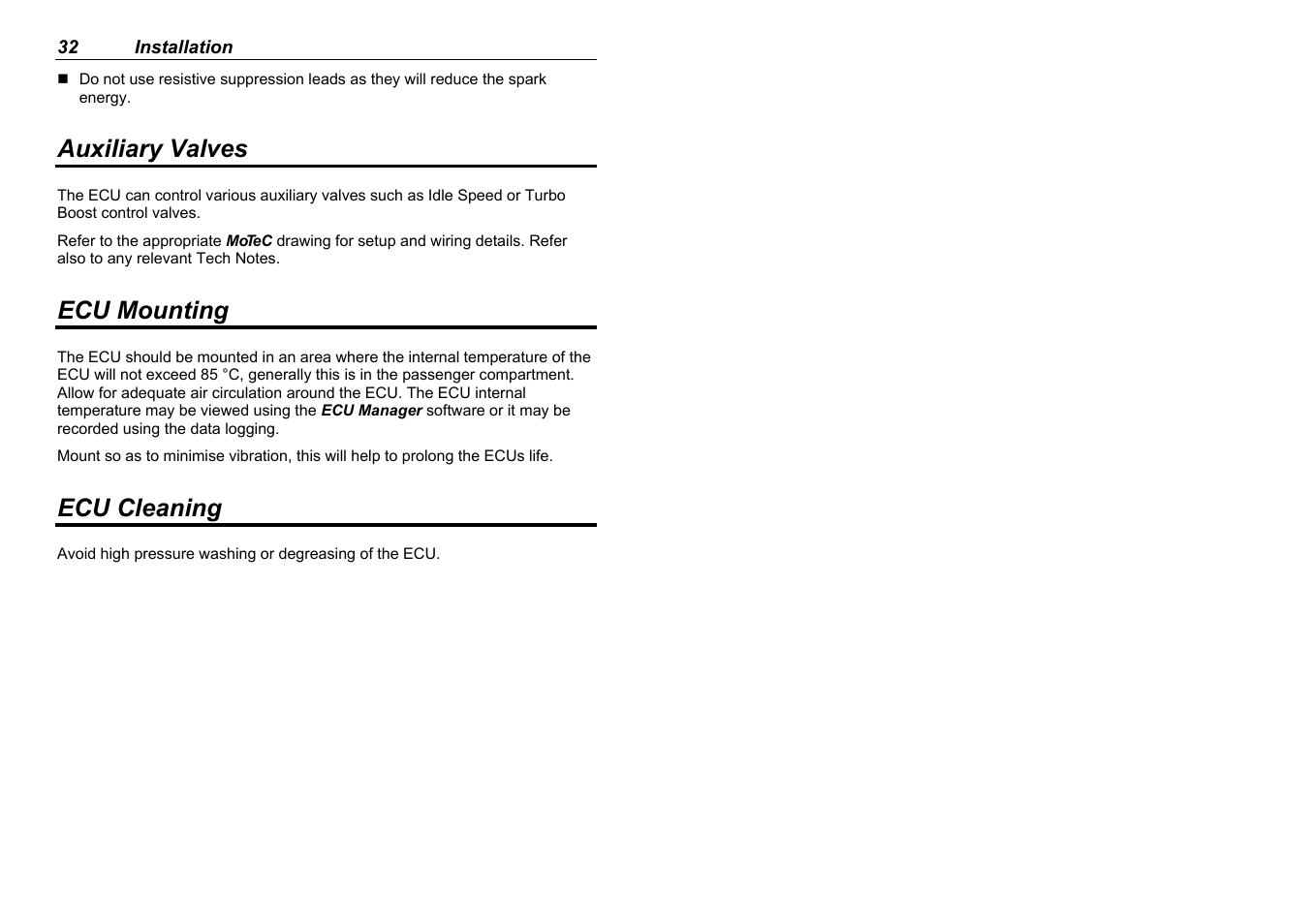Auxiliary valves, Ecu mounting, Ecu cleaning | MoTeC M880 User Manual | Page 34 / 101