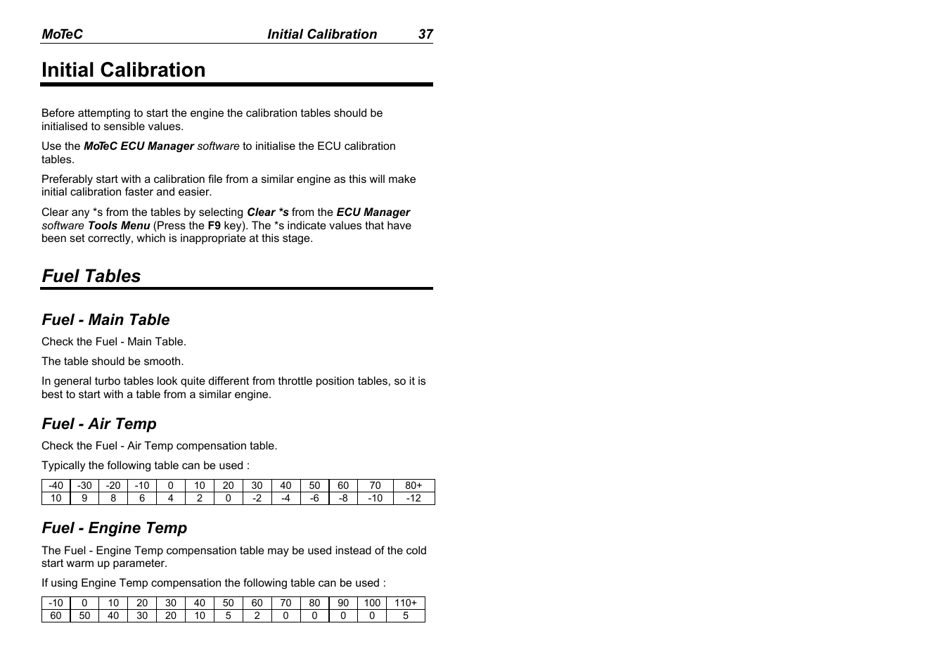 Initial calibration, Fuel tables | MoTeC M880 User Manual | Page 39 / 101