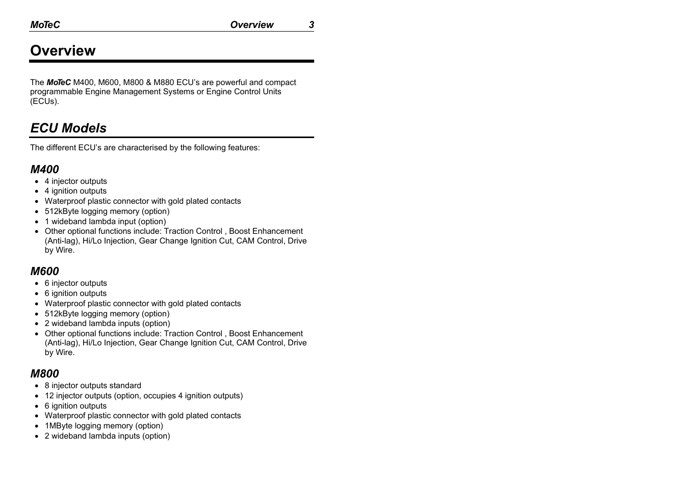 Overview, Ecu models | MoTeC M880 User Manual | Page 5 / 101