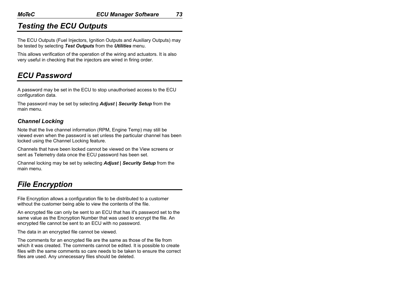 Testing the ecu outputs, Ecu password, File encryption | MoTeC M880 User Manual | Page 75 / 101
