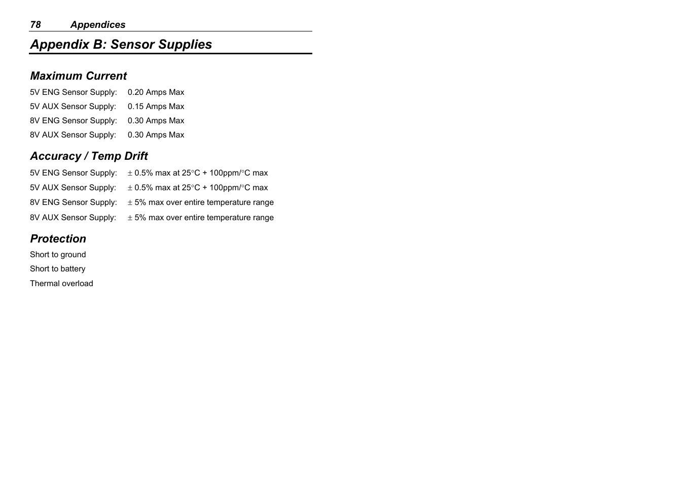 Appendix b: sensor supplies | MoTeC M880 User Manual | Page 80 / 101