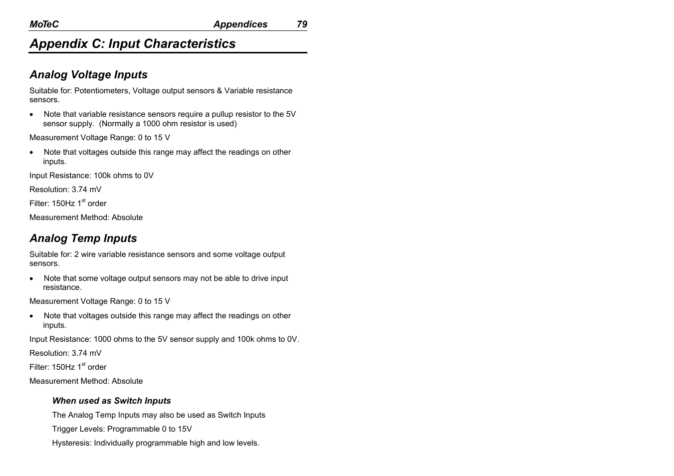 Appendix c: input characteristics, Analog voltage inputs, Analog temp inputs | MoTeC M880 User Manual | Page 81 / 101