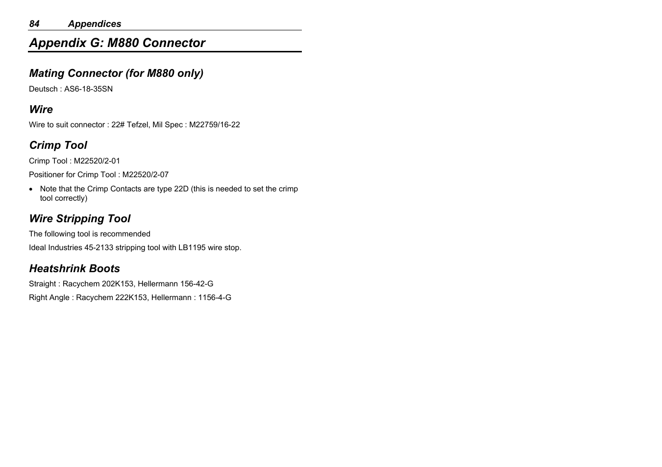 Appendix g: m880 connector | MoTeC M880 User Manual | Page 86 / 101