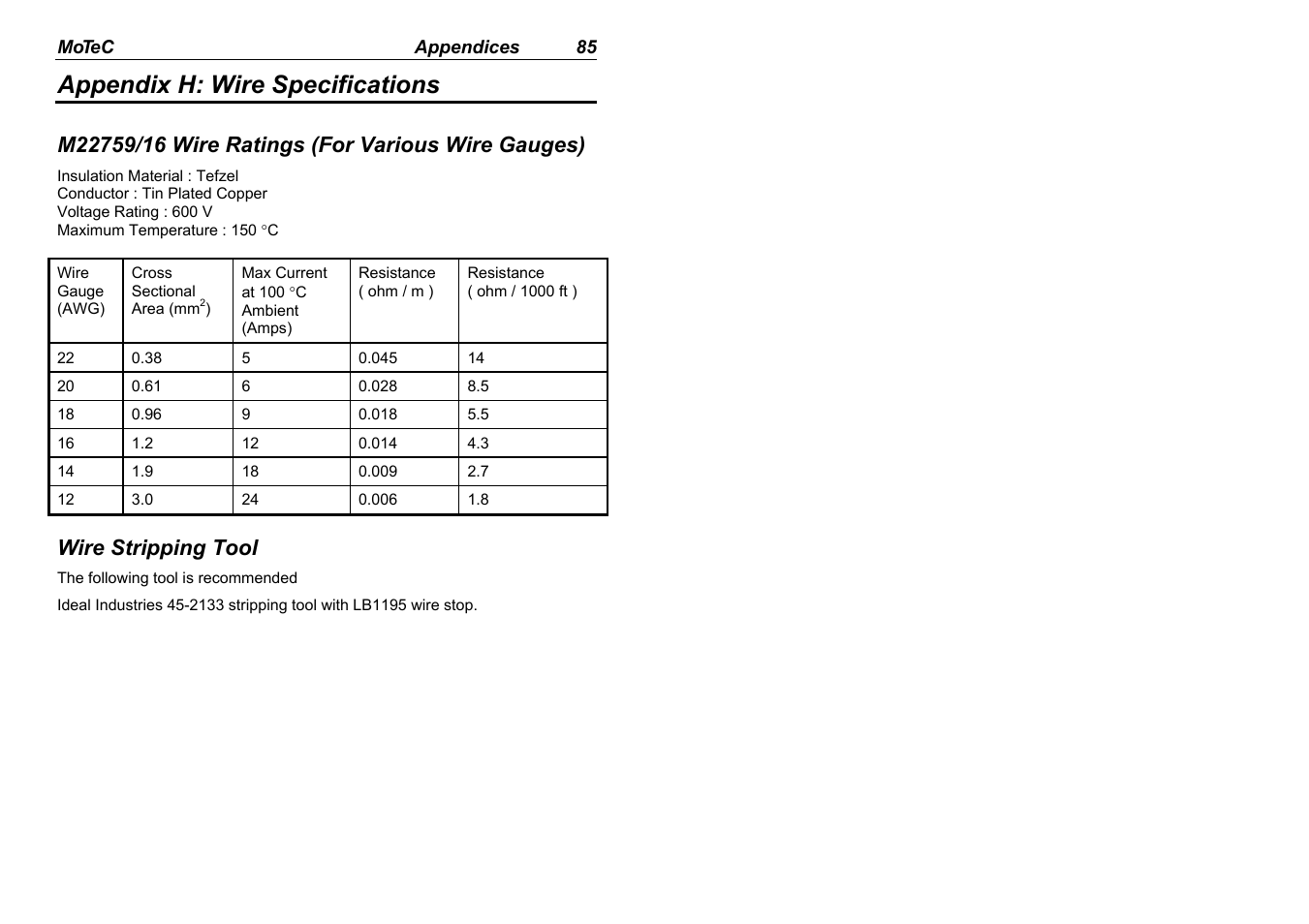 Appendix h: wire specifications, Wire stripping tool | MoTeC M880 User Manual | Page 87 / 101