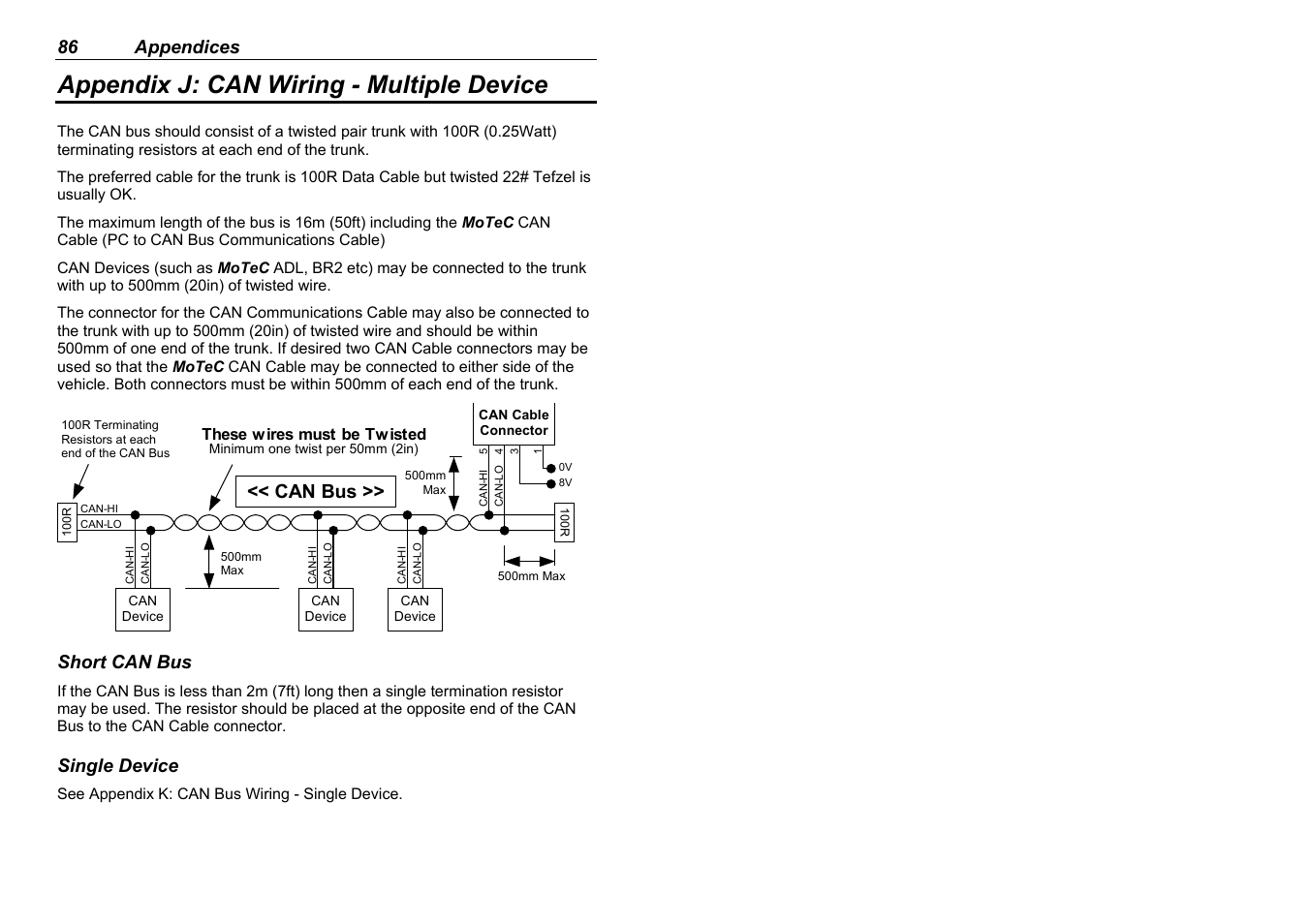 Appendix j: can wiring - multiple device, 86 appendices, Can bus | Short can bus, Single device | MoTeC M880 User Manual | Page 88 / 101