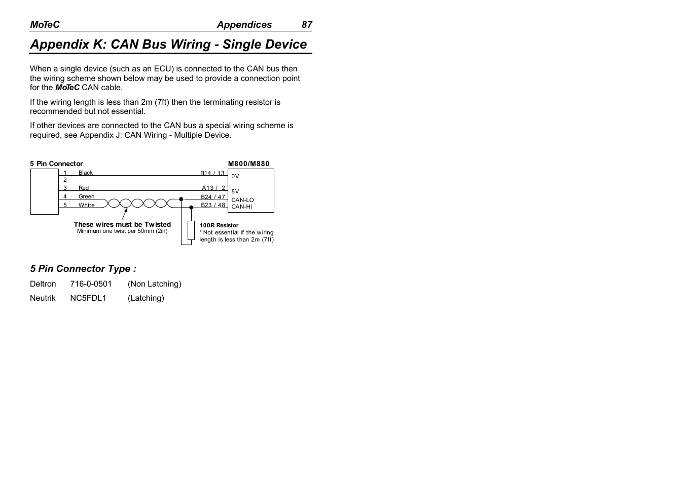 Appendix k: can bus wiring - single device | MoTeC M880 User Manual | Page 89 / 101