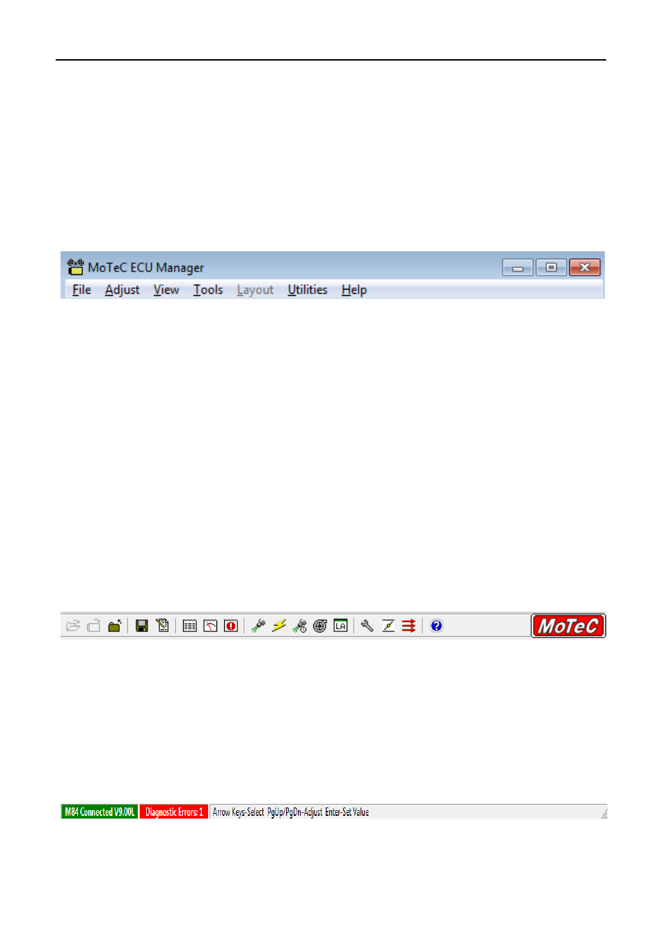 Online help, Main menu, Unavailable menu items | Button bar (toolbar), Status bar | MoTeC M84 User Manual | Page 52 / 86