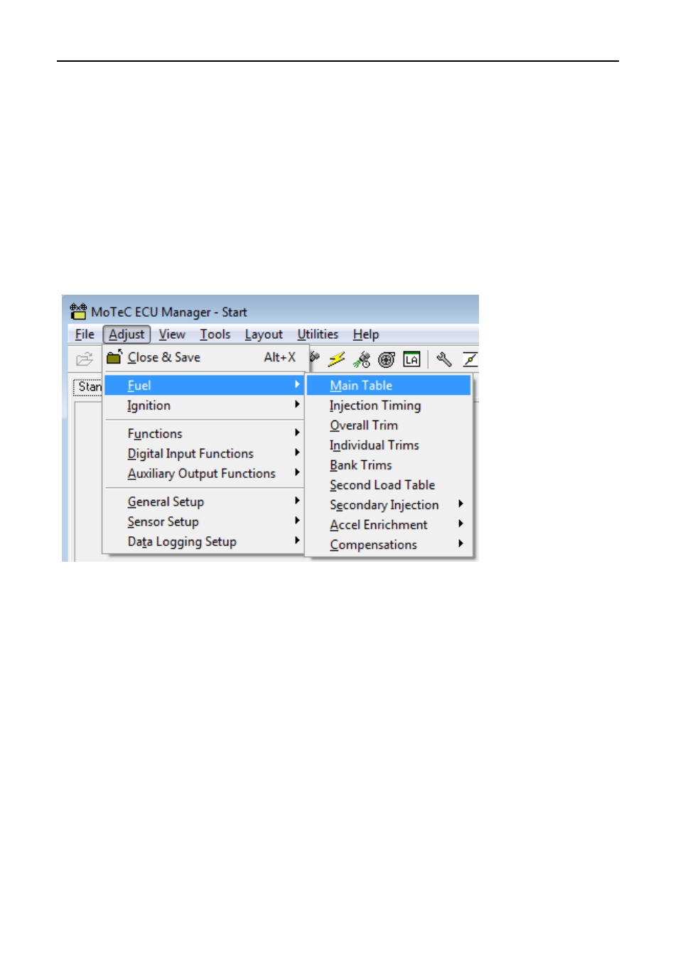 Selecting the adjust table, Fuel / ignition toggle (f5 key), F6, f7, f8 key assignment | Changing table values, Selecting the item to be adjusted | MoTeC M84 User Manual | Page 58 / 86