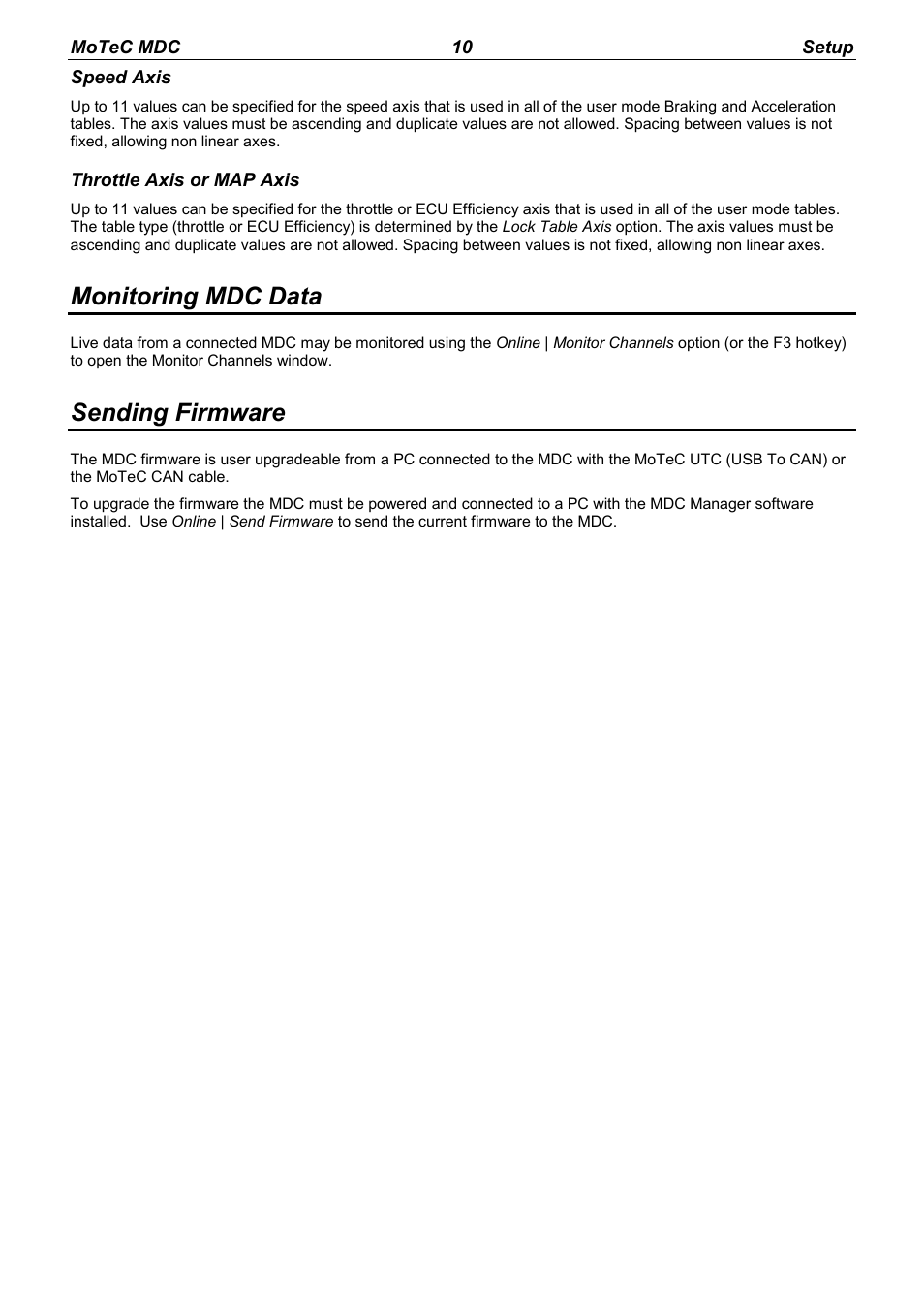 Monitoring mdc data, Sending firmware | MoTeC MDC User Manual | Page 12 / 22