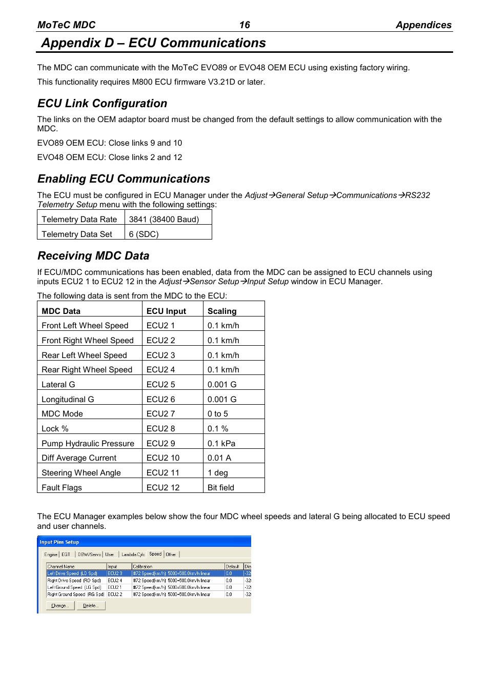 Appendix d – ecu communications, Ecu link configuration, Enabling ecu communications | Receiving mdc data | MoTeC MDC User Manual | Page 18 / 22
