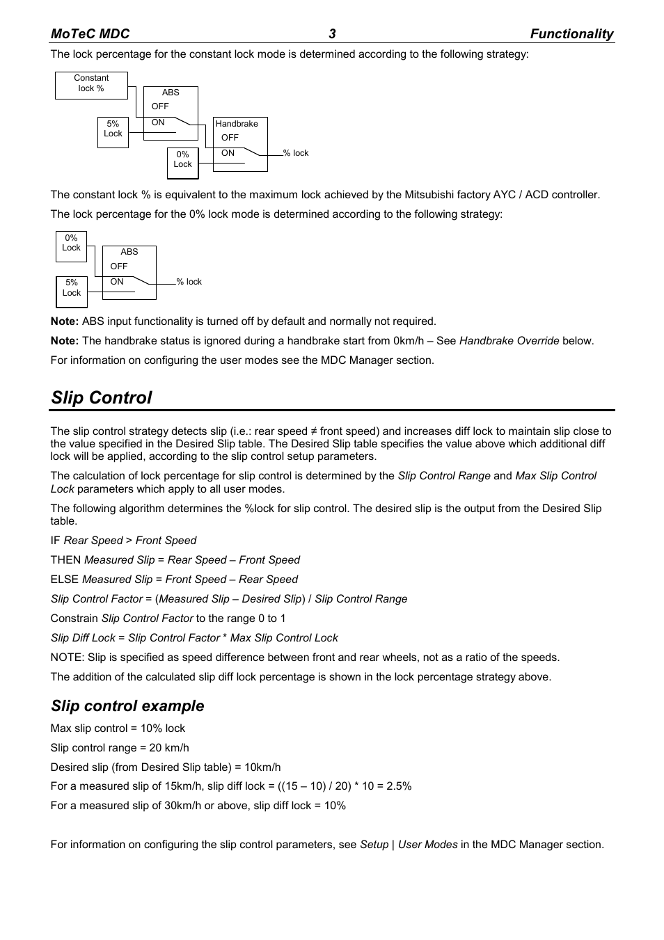 Slip control, Slip control example, Motec mdc 3 functionality | MoTeC MDC User Manual | Page 5 / 22