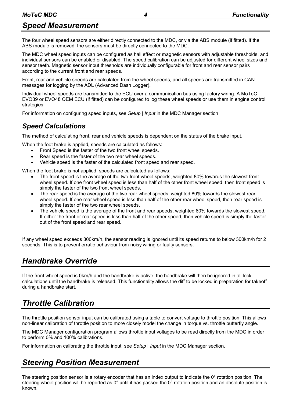 Speed measurement, Handbrake override, Throttle calibration | Steering position measurement, Speed calculations | MoTeC MDC User Manual | Page 6 / 22