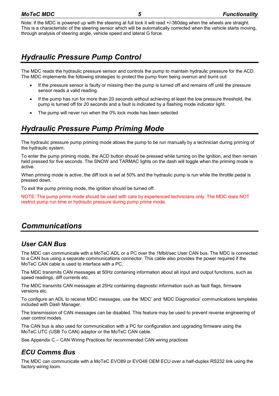 Hydraulic pressure pump control, Hydraulic pressure pump priming mode, Communications | User can bus, Ecu comms bus | MoTeC MDC User Manual | Page 7 / 22