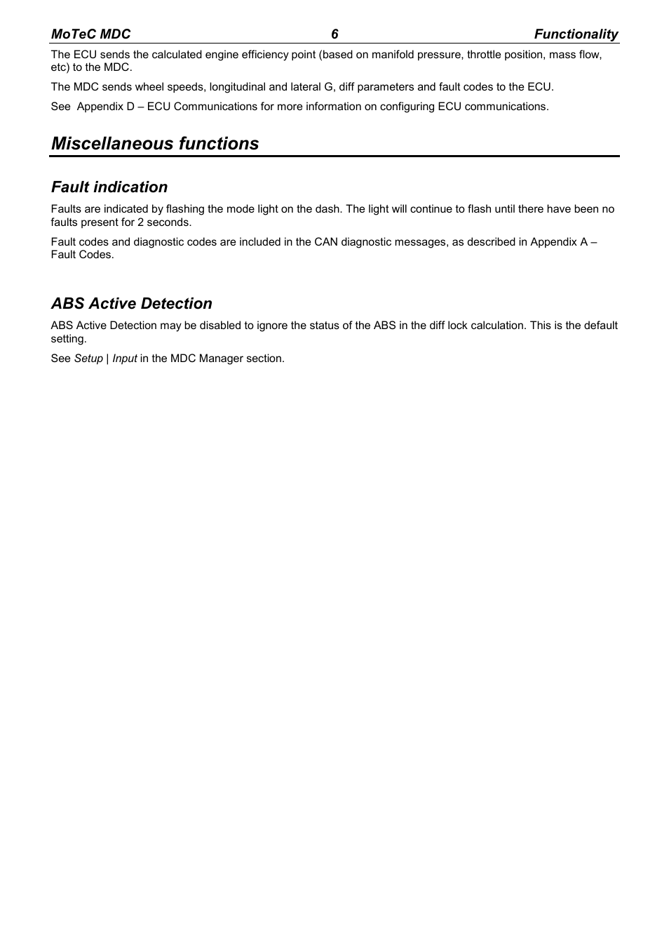Miscellaneous functions, Fault indication, Abs active detection | MoTeC MDC User Manual | Page 8 / 22