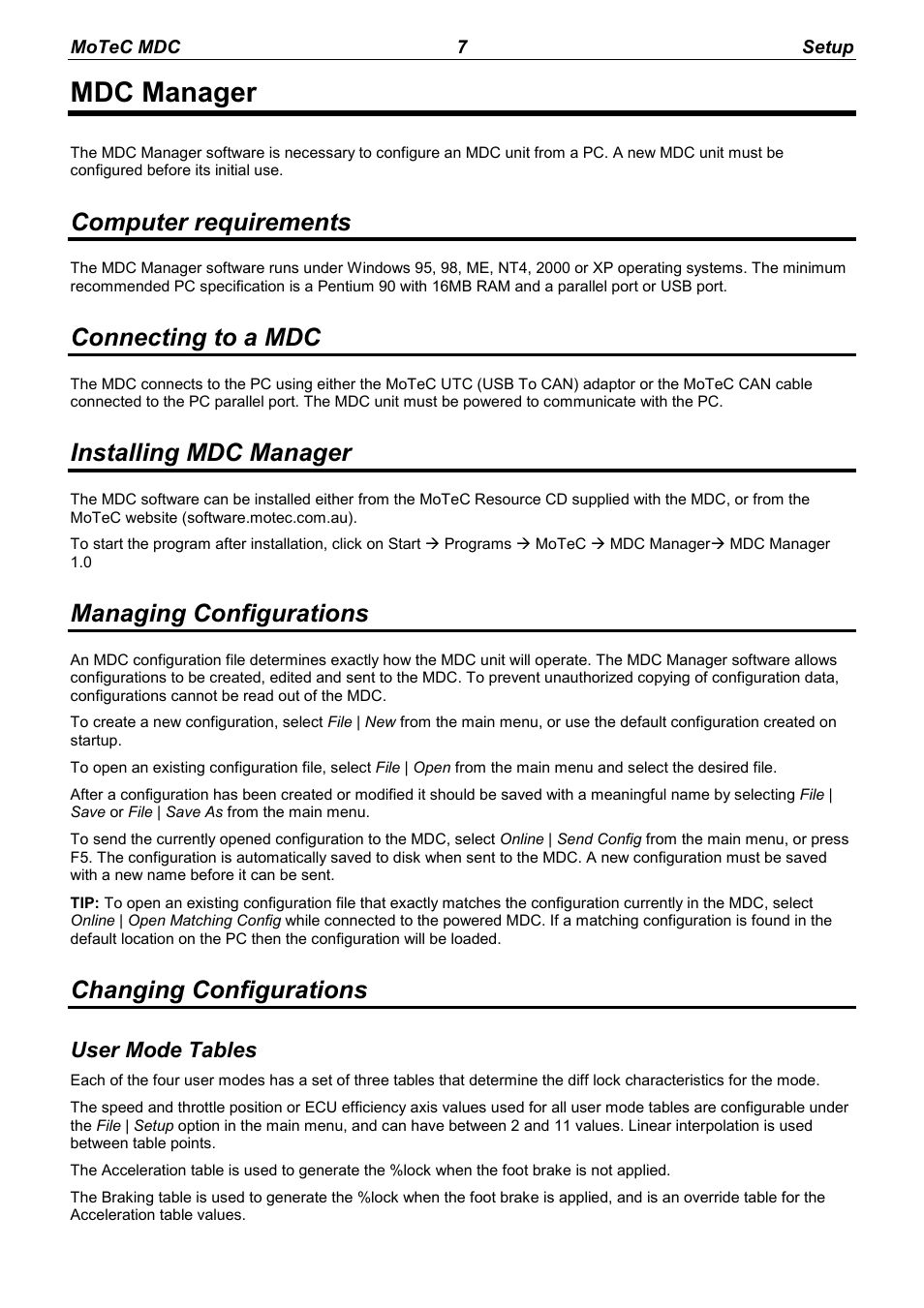 Mdc manager, Computer requirements, Connecting to a mdc | Installing mdc manager, Managing configurations, Changing configurations, User mode tables | MoTeC MDC User Manual | Page 9 / 22
