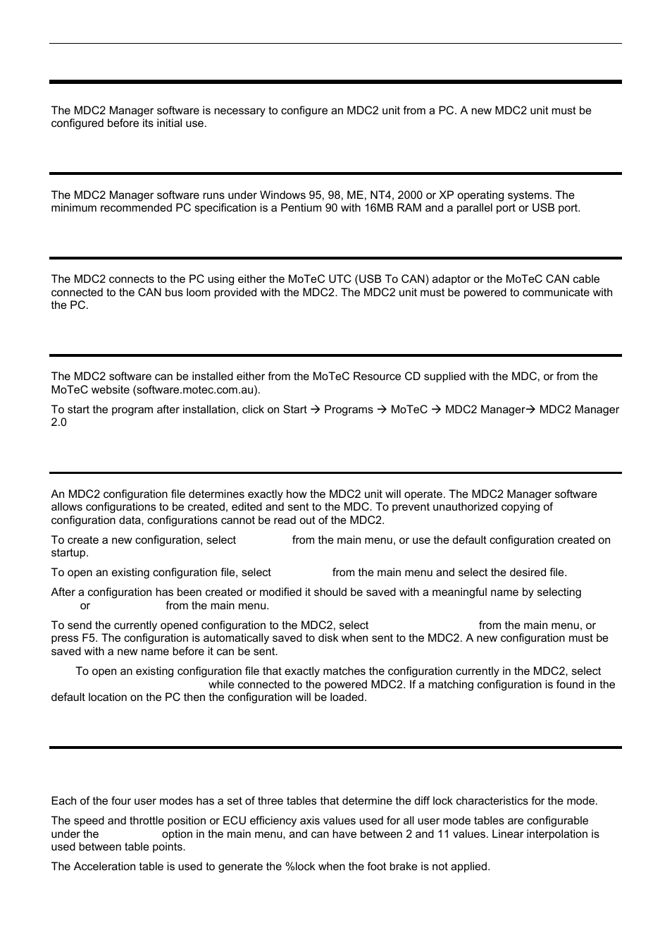 Mdc2 manager, Computer requirements, Connecting to a mdc2 | Installing mdc2 manager, Managing configurations, Changing configurations, User mode tables | MoTeC MDC2 User Manual | Page 10 / 20