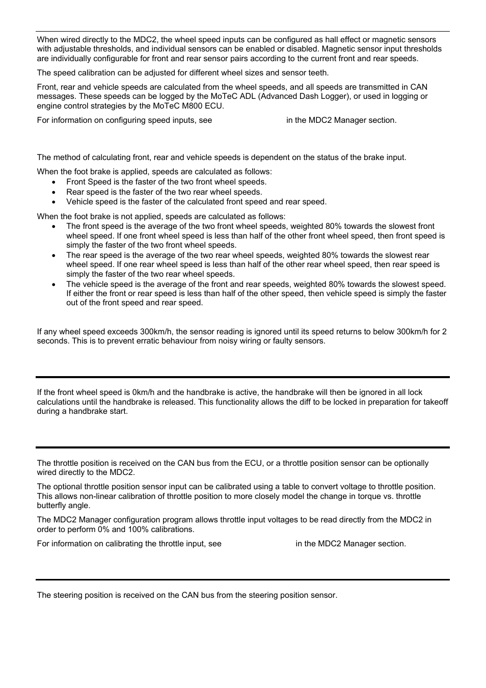 Handbrake override, Throttle calibration, Steering position measurement | Speed calculations | MoTeC MDC2 User Manual | Page 6 / 20