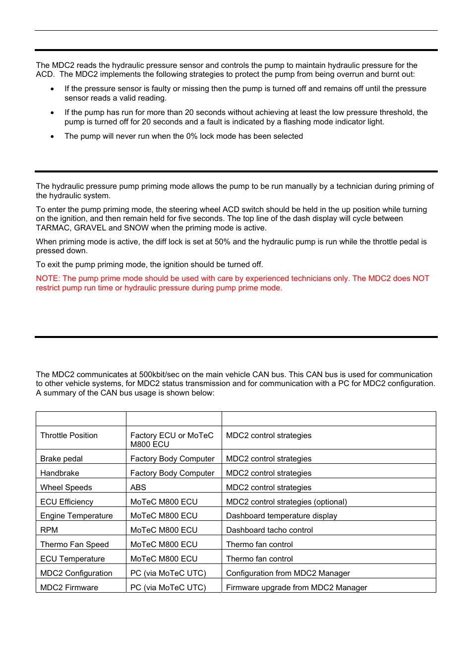 Hydraulic pressure pump control, Hydraulic pressure pump priming mode, Communications | Main vehicle can bus | MoTeC MDC2 User Manual | Page 7 / 20