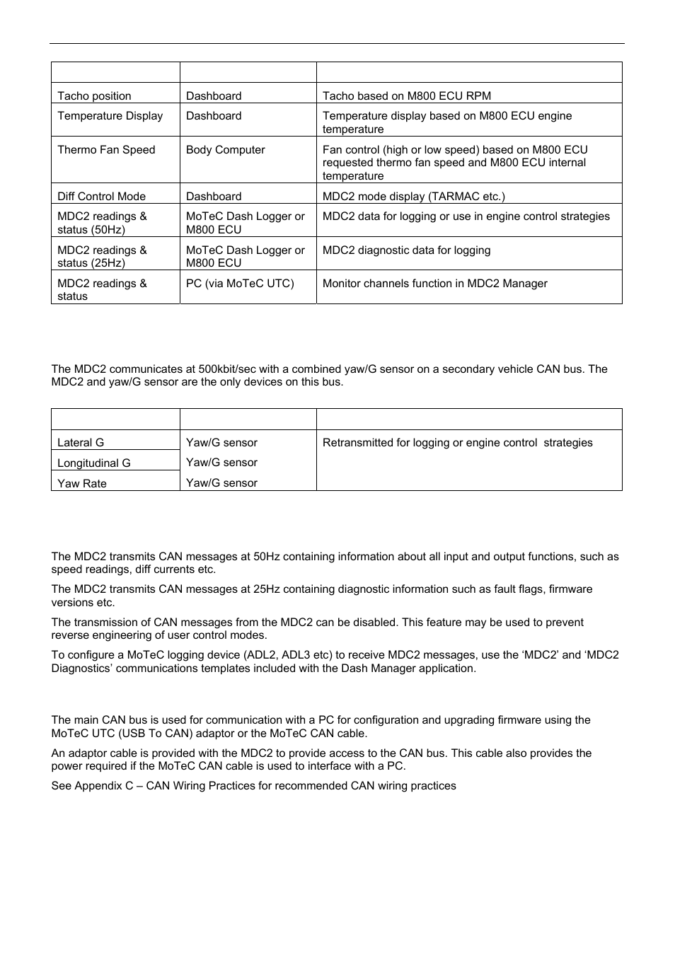 Yaw/g sensor can bus, Data logging, Pc connection | MoTeC MDC2 User Manual | Page 8 / 20